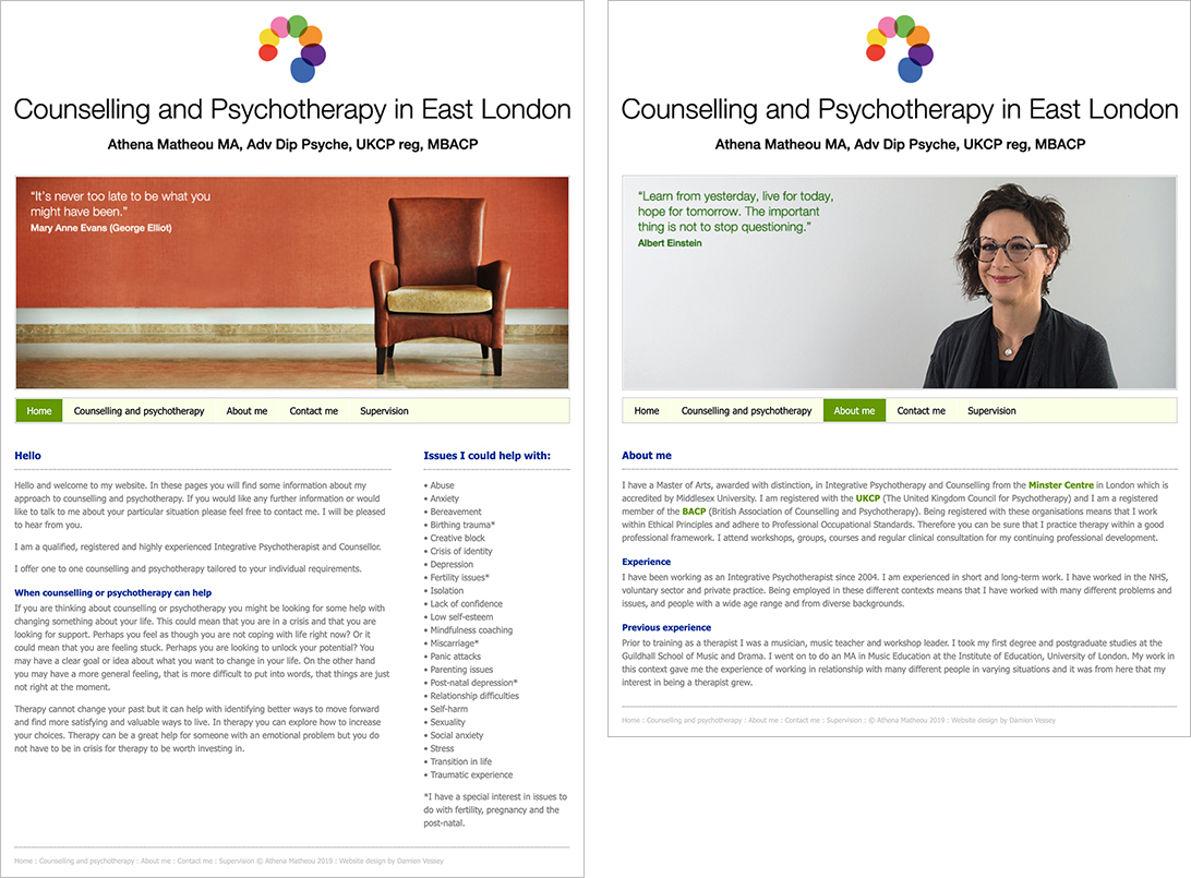 Examples of pages from Athena's previous website